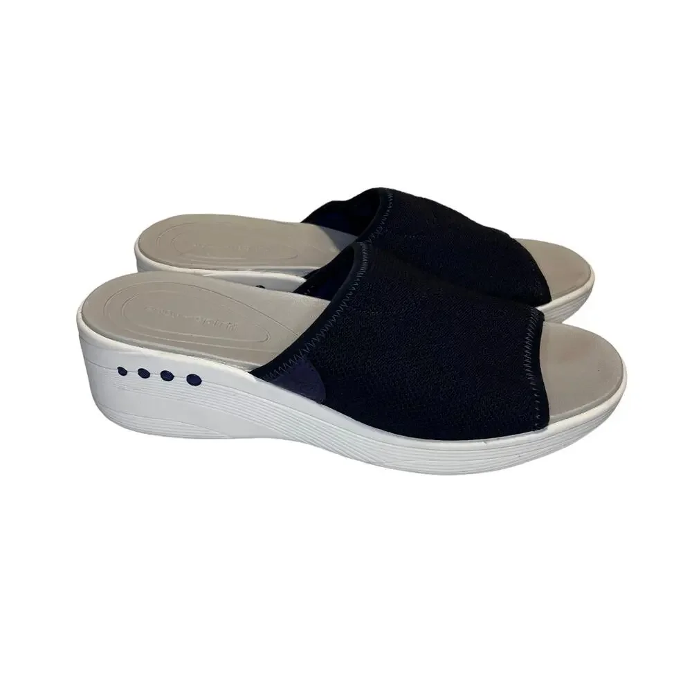 Easy Spirit peep-toe Wedge Sandal, Slip on, Navy Blue Fabric, Women's 8.5m